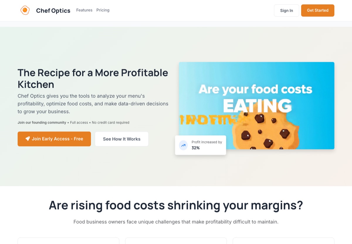 The Chef Optics website showing recipe and food costing features