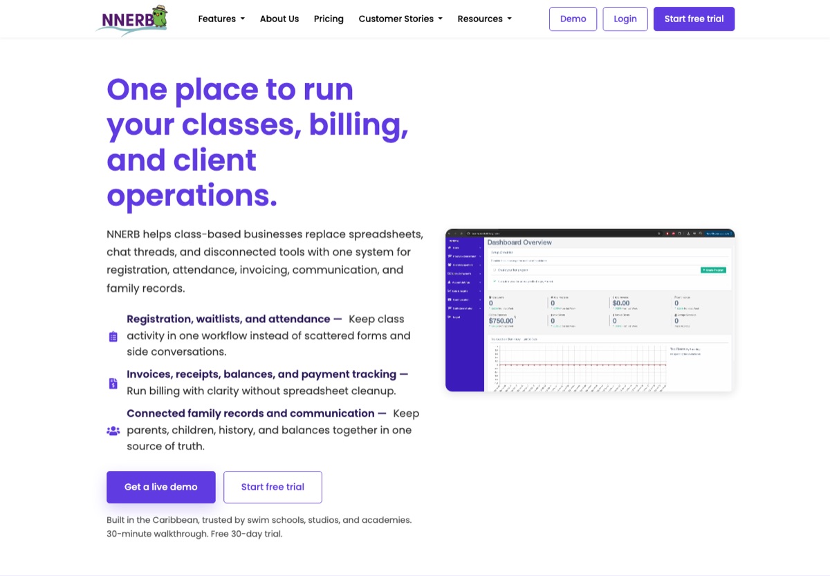 The NNERB website showing the class-based business platform